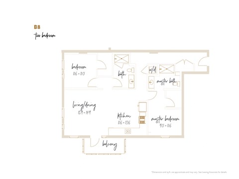 Floor plan for 2 beds, 2 baths, 1302 sqft